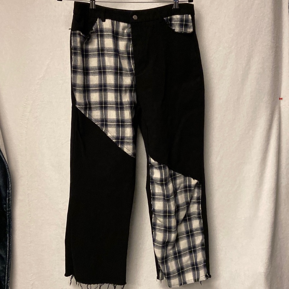 Black with black/white patched color block jeans.